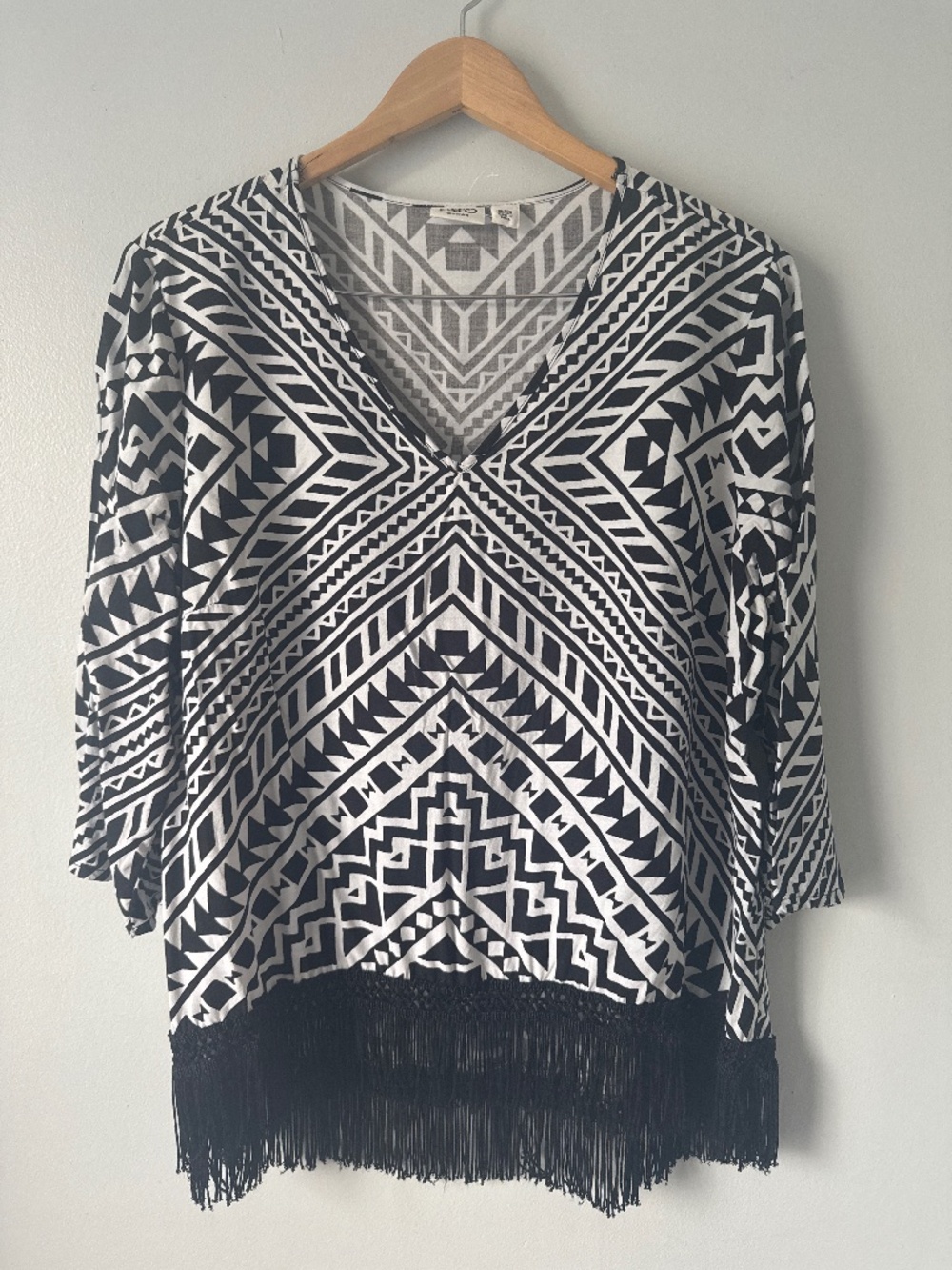 Cato woman geometric print with fringe blouse